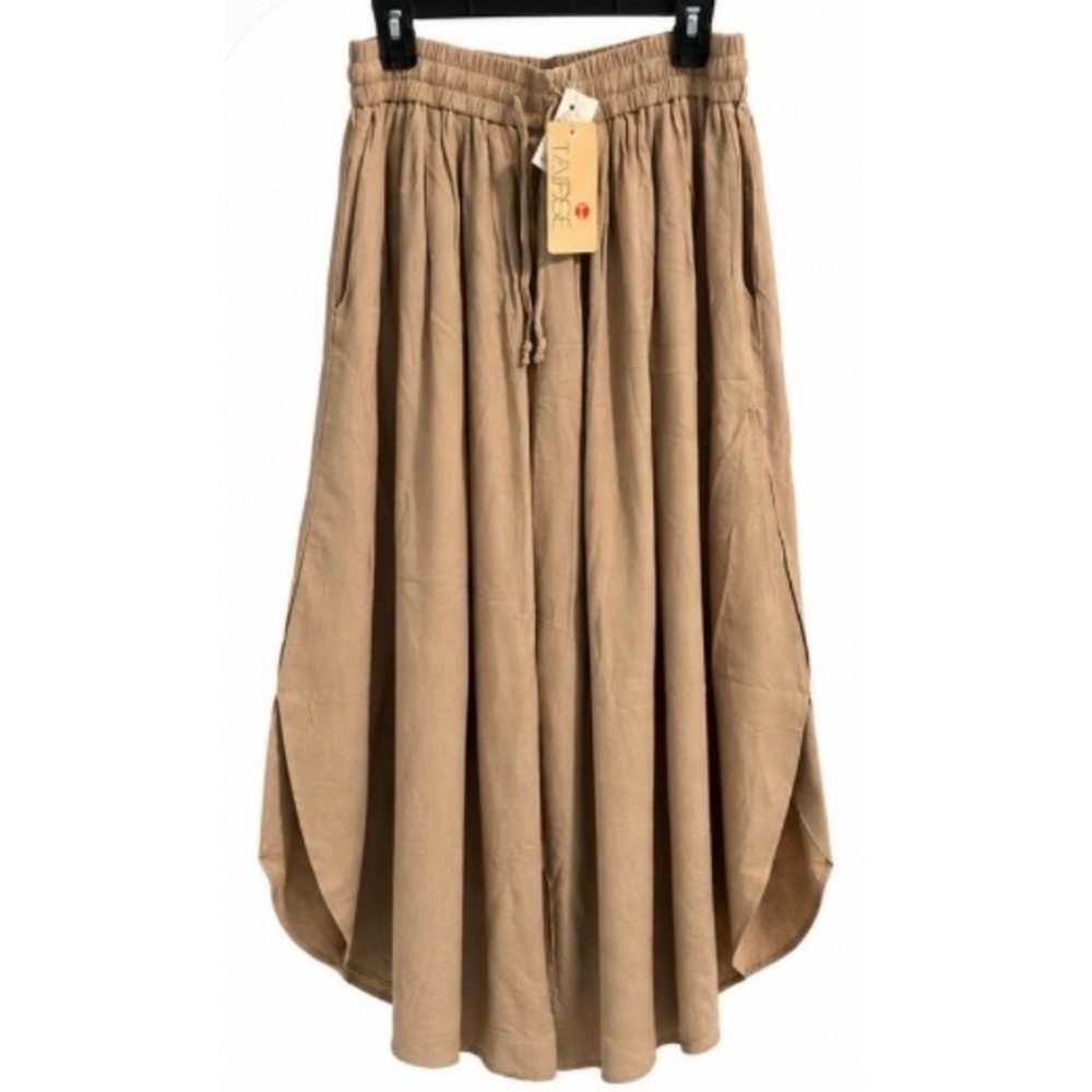 Tarse Womens Tan Linen Blend Wide Leg Split Pants Elastic Waist Size Large NWT